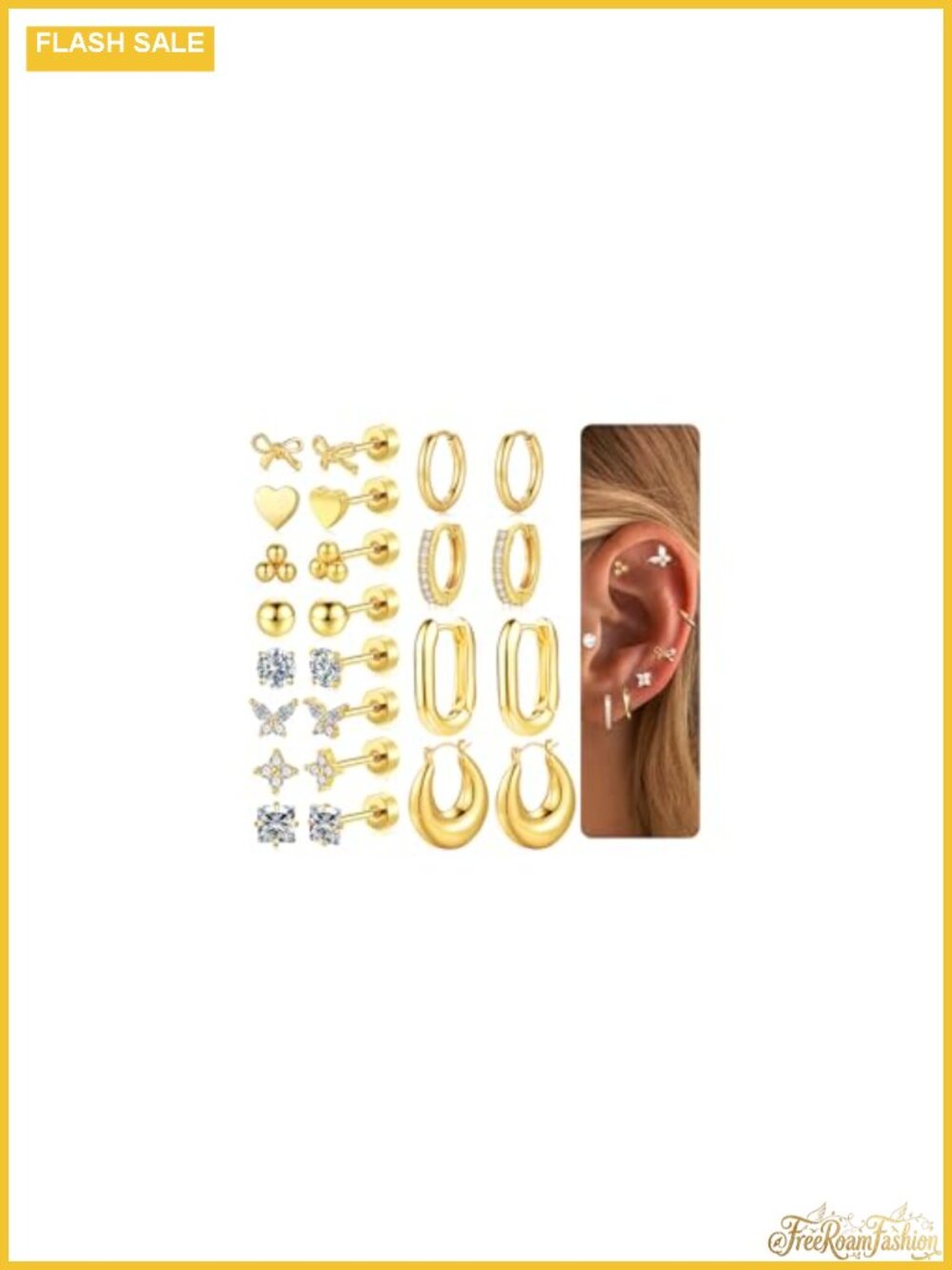 14K Gold Plated Flat Back Stud Earrings Set Hypoallergenic for Sensitive Ears